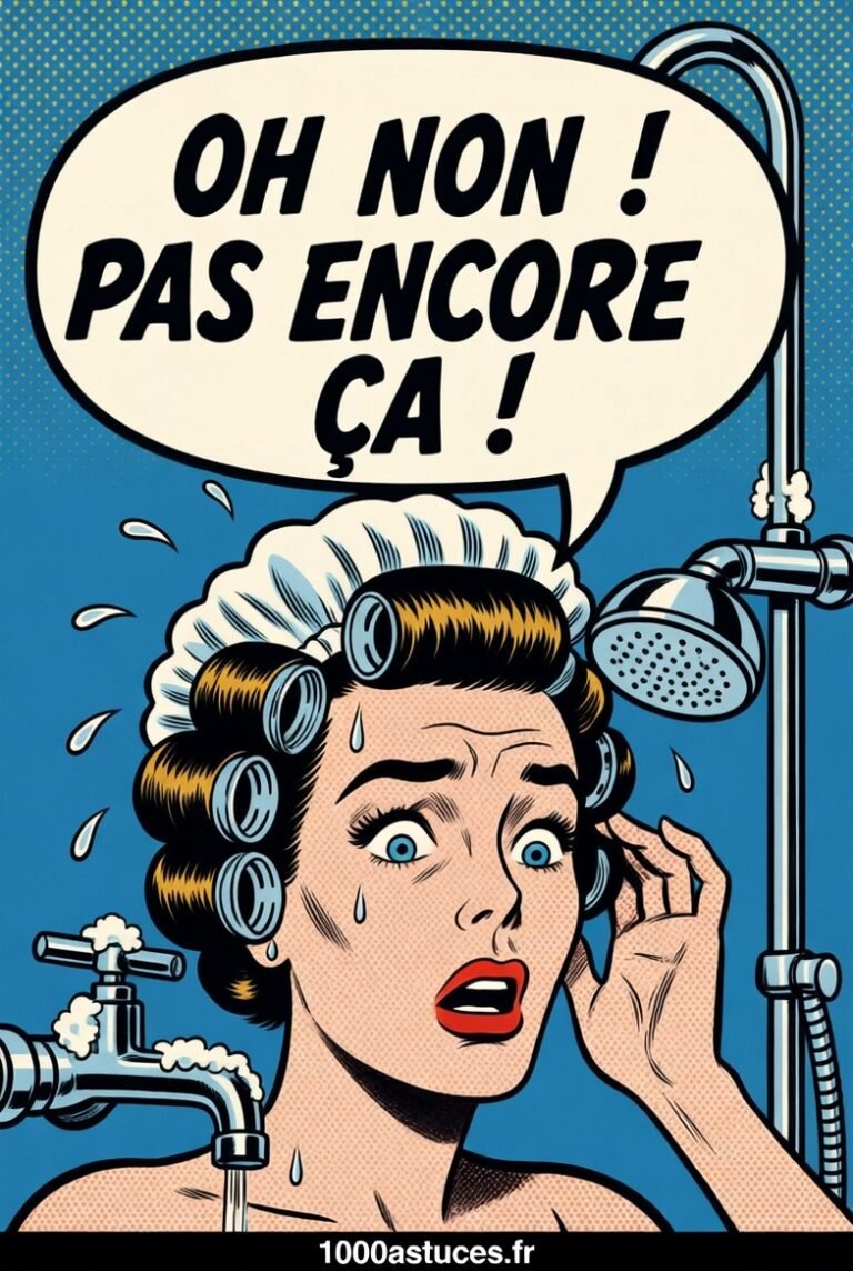 une jeune femme ne peut pas prendre sa douche à cause du calcaire sur le robinet . Illustration pop art
