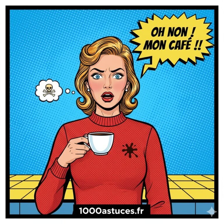 Une jeune femme renverse du café sur son pull. Astuces naturelles pour enlever les taches de café sur vaisselle ou textile. 1000astuces.fr