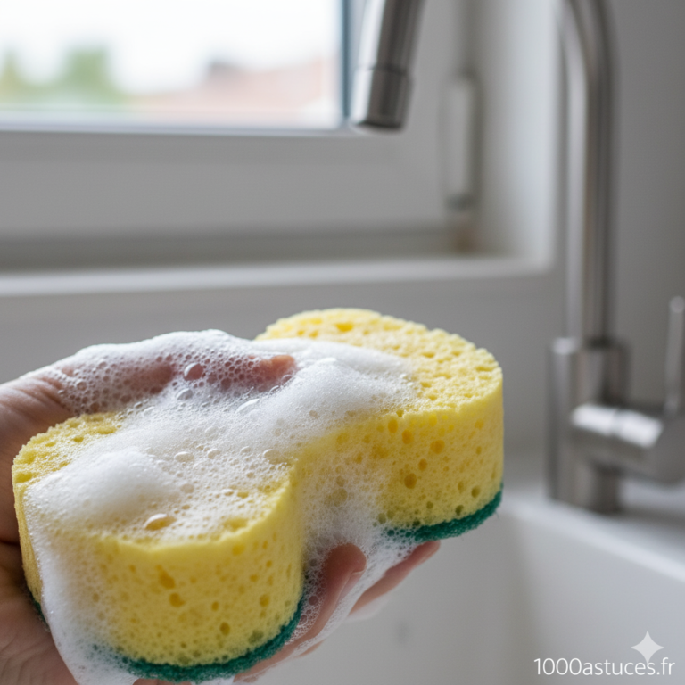 Votre éponge devient vite sale ou malodorante ? Découvrez une astuce simple pour la rendre mousseuse, propre et hygiénique tout en limitant les bactéries. Toutes les méthodes naturelles sont sur 1000astuces.fr. #éponge #ménage #hygiène #astucesmaison #savondeMarseille #nettoyage
