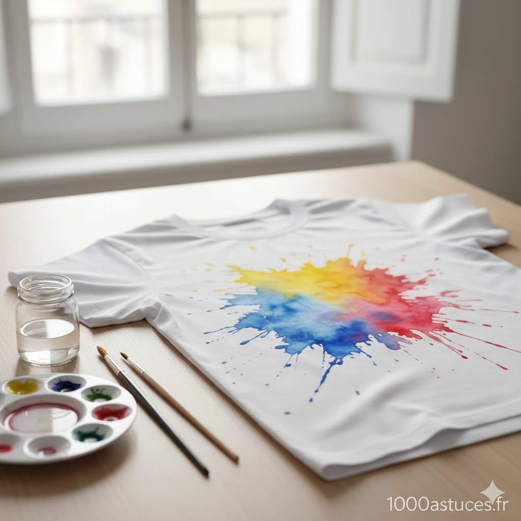 Une tache d’aquarelle sur un vêtement ou un tissu ? Découvrez des solutions simples pour l’éliminer, qu’elle soit fraîche ou sèche. Toutes les étapes sont sur 1000astuces.fr. #aquarelle #tache #nettoyage #textile #astucesmaison