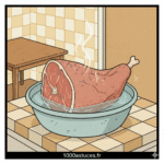 Gros jambon cru immergé dans un grand saladier d’eau pour dessalage, astuce cuisine traditionnelle pour dessaler jambon et sublimer sa saveur avant cuisson maison.