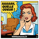 Une femme se bouche le nez dans un living où une cigarette fume dans un cendrier . Astuces pour assainir un lieu odeur de tabac froid . 1000astuces.fr