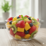 Salade de fruits frais avec fraises, kiwi, mangue et myrtilles dans un bol en verre – astuces pour éviter que les fruits coupés brunissent ou jaunissent, conservation naturelle, techniques anti-oxydation, conseils 1000astuces.fr.