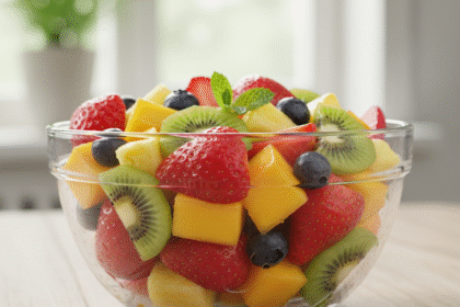 Salade de fruits frais avec fraises, kiwi, mangue et myrtilles dans un bol en verre – astuces pour éviter que les fruits coupés brunissent ou jaunissent, conservation naturelle, techniques anti-oxydation, conseils 1000astuces.fr.