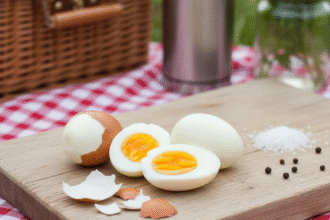 Ambiance pique nique . Des oeufs durs sur une nappe . Astuce pour eviter des oeufs fendus pendant la cuisson