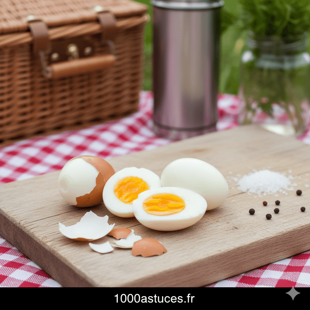 Ambiance pique nique . Des oeufs durs sur une nappe . Astuce pour eviter des oeufs fendus pendant la cuisson