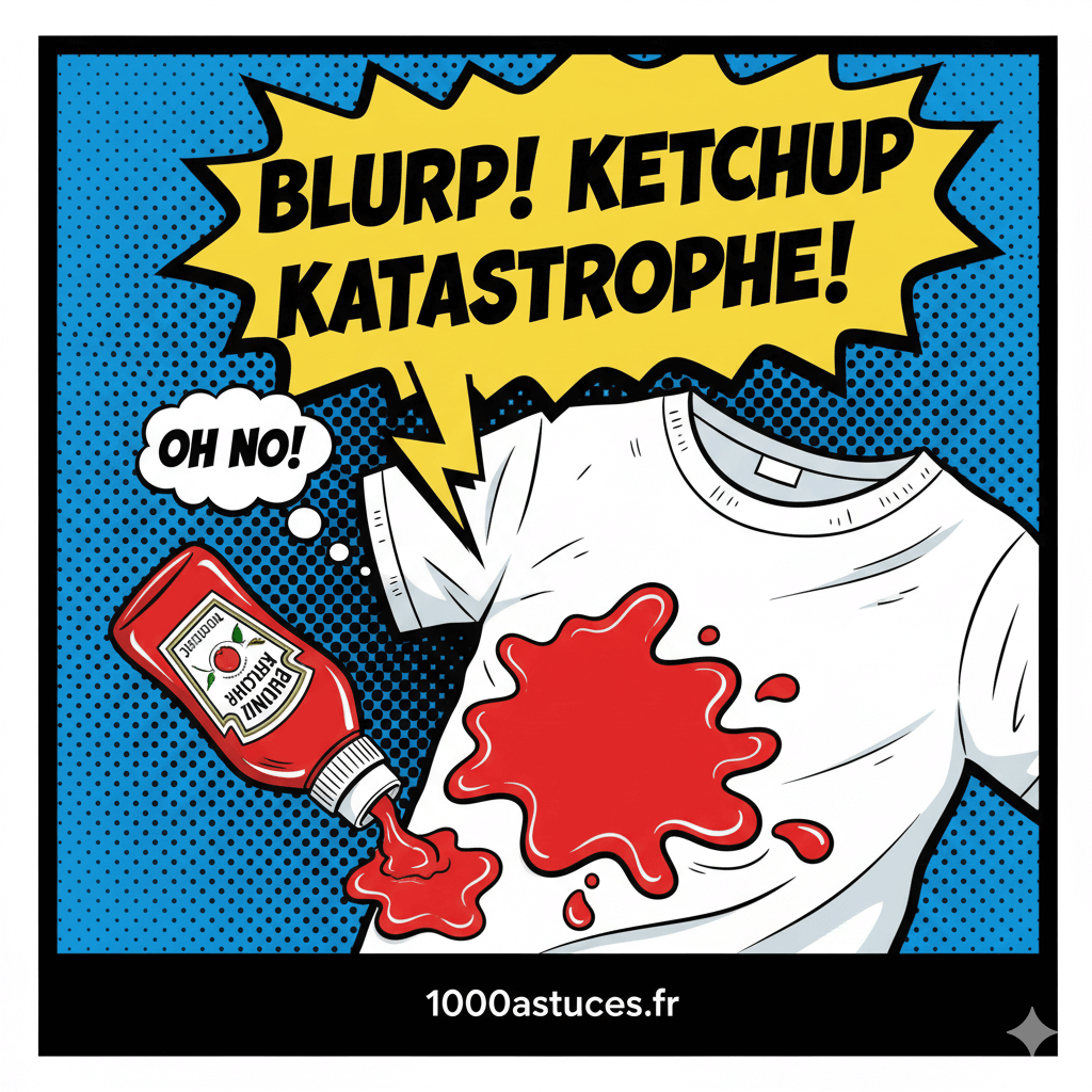 une bouteille de Ketchup renversee sur un t shirt. Astuce natruelle pour enlever tache de ketchup.1000astuces.fr