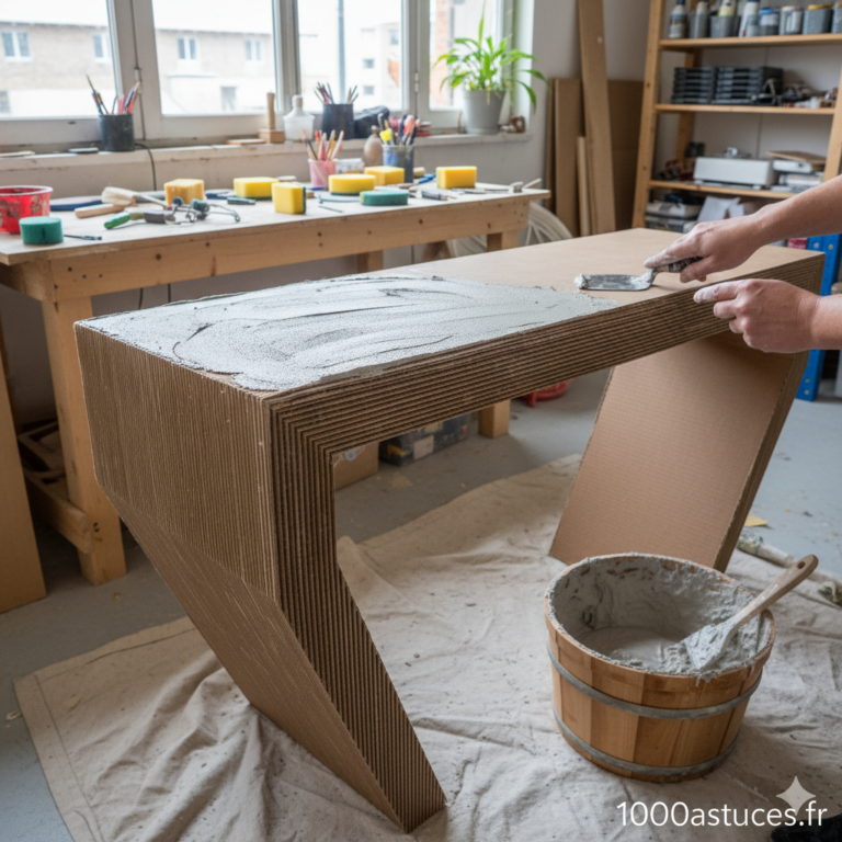Le blanc de Meudon est parfait pour renforcer et lisser un meuble en carton. Découvrez comment fabriquer un enduit naturel pour vos créations DIY. Toutes les étapes sont sur 1000astuces.fr. #carton #DIY #meuble #blancdeMeudon #écologique #déco