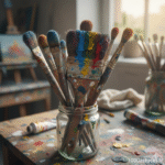 Pot avec pinceaux couverts de peinture, astuces naturelles pour nettoyer les pinceaux facilement, éliminer la peinture incrustée et entretenir le matériel artistique, nettoyage pinceaux efficace, 1000astuces.fr