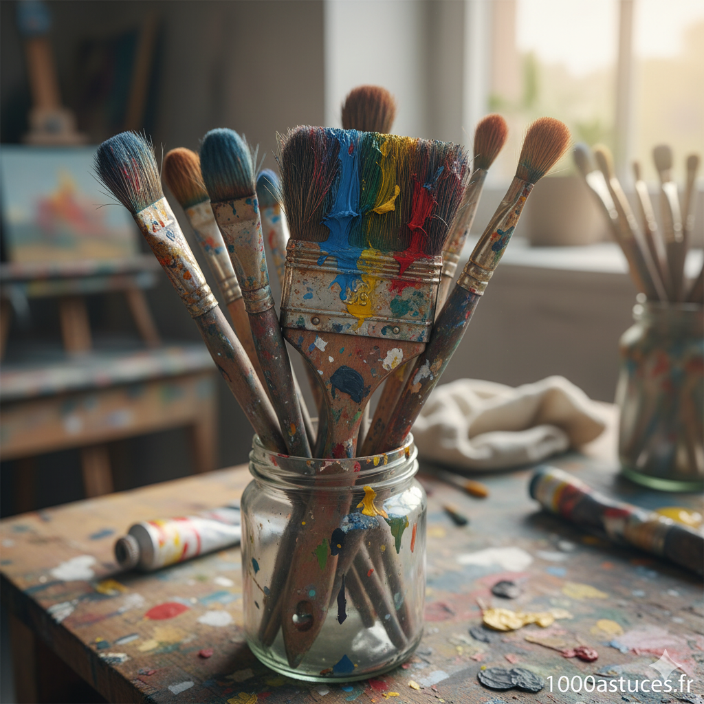 Pot avec pinceaux couverts de peinture, astuces naturelles pour nettoyer les pinceaux facilement, éliminer la peinture incrustée et entretenir le matériel artistique, nettoyage pinceaux efficace, 1000astuces.fr