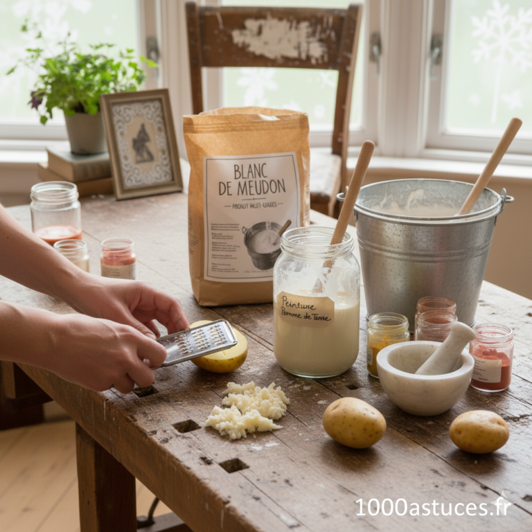 Une peinture naturelle, économique et surprenante ? Découvrez comment réaliser une peinture maison à base de pomme de terre et de blanc de Meudon. Toutes les recettes sont sur 1000astuces.fr. #peinture #DIY #écologique #blancdeMeudon #maison #rénovation