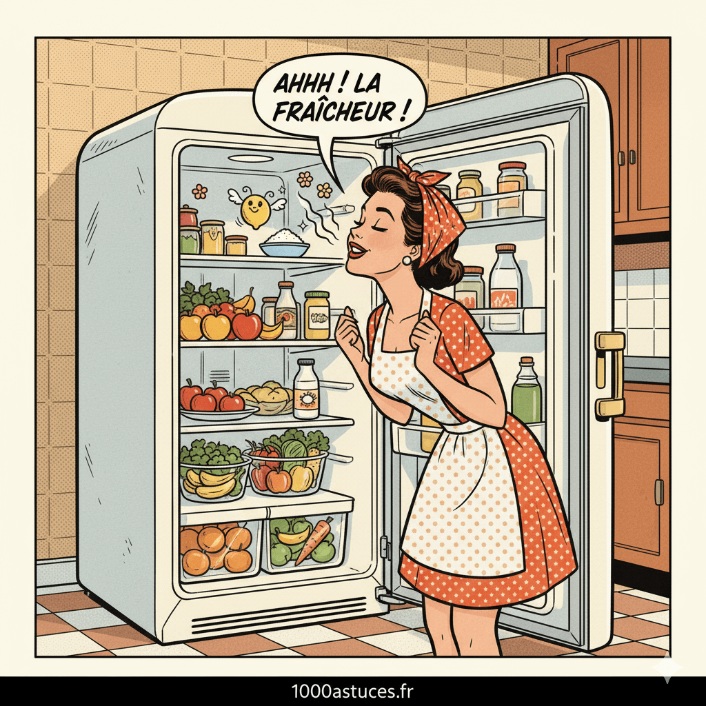 Une jeune femme devant un grigo . Astuces naturelles pour nettoyer et assainir son régriférateur. .1000astuces.fr