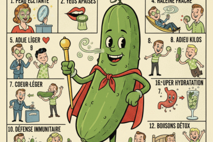 une illustration humoristique des "13 vertus du concombre", dans le style des années 50.Astuces beauté, santé, astuces pratiques .1000astuces.fr
