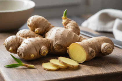 Racine de gingembre frais coupée en tranches sur une planche en bois, illustrant la meilleure astuce pour conserver le gingembre intact et parfumé, idéale pour la cuisine maison.