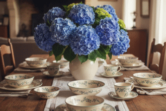 un service de table en faïence vintage sur une belle table de campagne, avec un superbe bouquet d'hortensias bleus au centre.Astuce pour entretenir la faience ancienne . "1000astuces.fr"