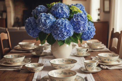 un service de table en faïence vintage sur une belle table de campagne, avec un superbe bouquet d'hortensias bleus au centre.Astuce pour entretenir la faience ancienne . "1000astuces.fr"