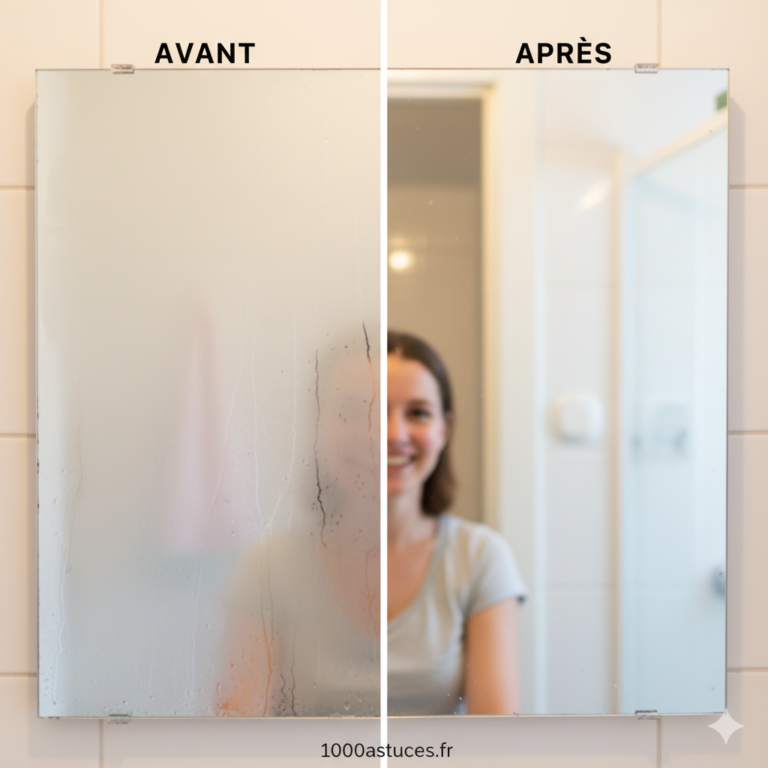 Photo avant-après d’un miroir embué puis propre et transparent, astuces pour nettoyer et éviter la buée, reflet net, conseils salle de bain, entretien miroir 1000astuces.fr