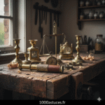 Sur un ancien établi . Quels objets de brocante en LAITON.Astuces pour les faire briller. 1000astuces.fr