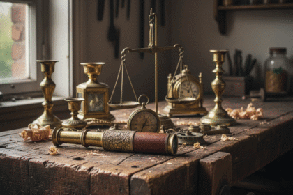 Sur un ancien établi . Quels objets de brocante en LAITON.Astuces pour les faire briller. 1000astuces.fr