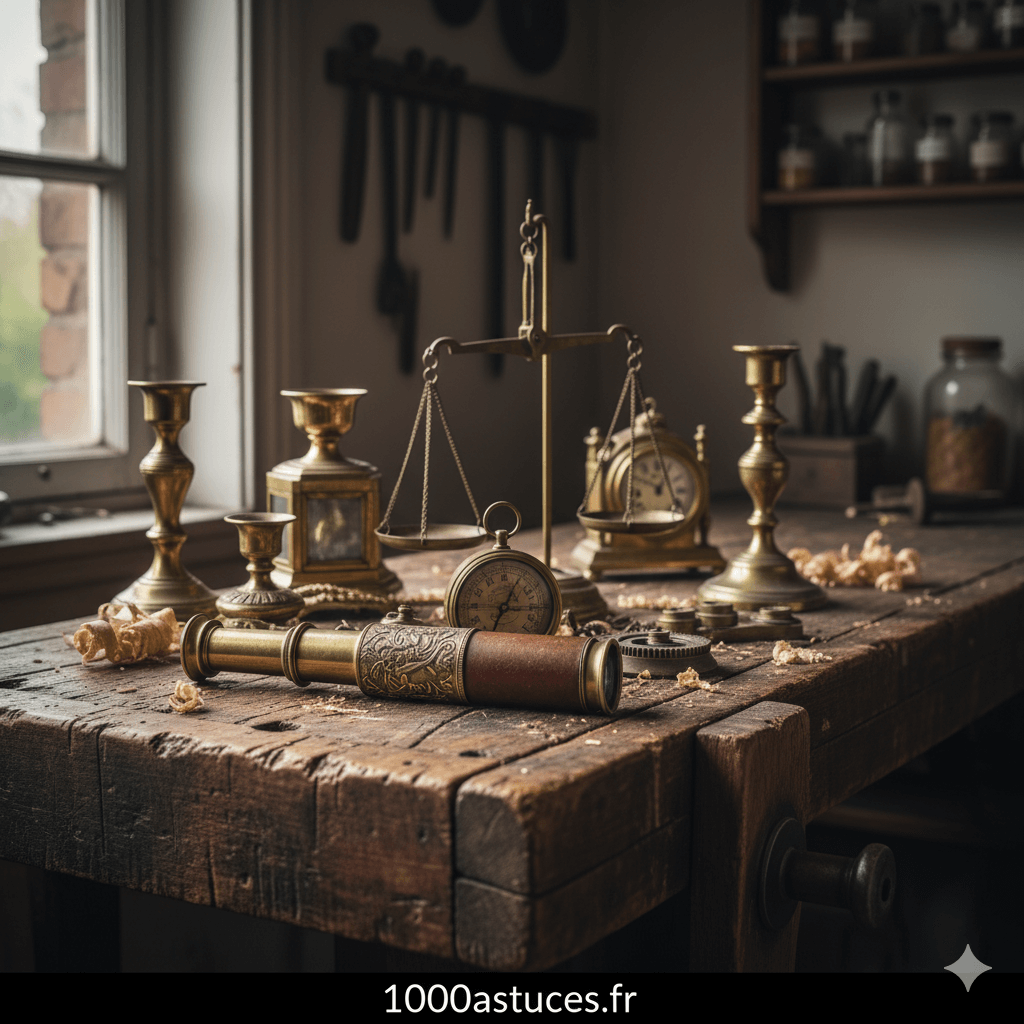 Sur un ancien établi . Quels objets de brocante en LAITON.Astuces pour les faire briller. 1000astuces.fr
