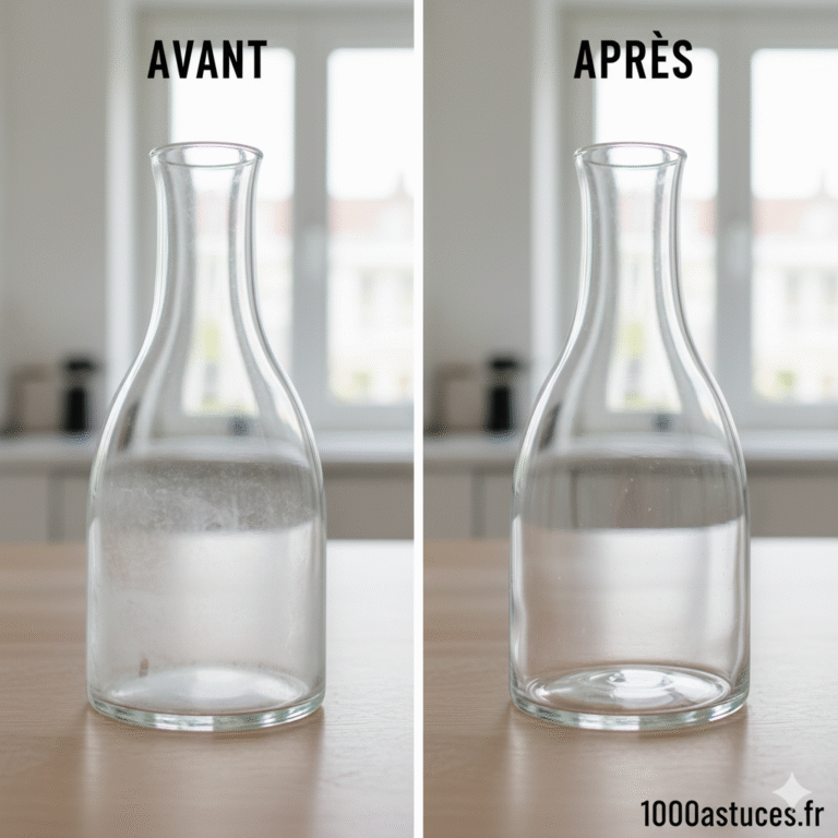 Dépôts au fond d’une carafe ? Découvrez une astuce simple et naturelle pour la nettoyer facilement et retrouver un verre impeccable. Toutes les étapes sont sur 1000astuces.fr. #carafe #nettoyage #astucesmaison #vinaigre #cuisine