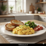 une belle assiette avec des œufs brouillés appétissants. Une astuce pour les rendre plus savoureux