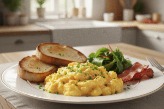 une belle assiette avec des œufs brouillés appétissants. Une astuce pour les rendre plus savoureux