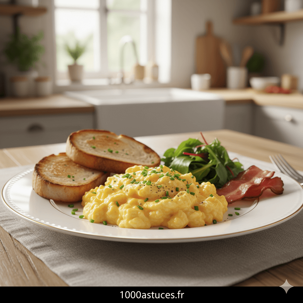 une belle assiette avec des œufs brouillés appétissants. Une astuce pour les rendre plus savoureux