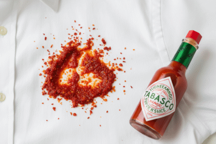 Une tache de harissa sur une chemise blanche . Un flacon de Tabasco à coté.Astuce pour enlever Harissa, piment, Tabasco.1000astuces.fr