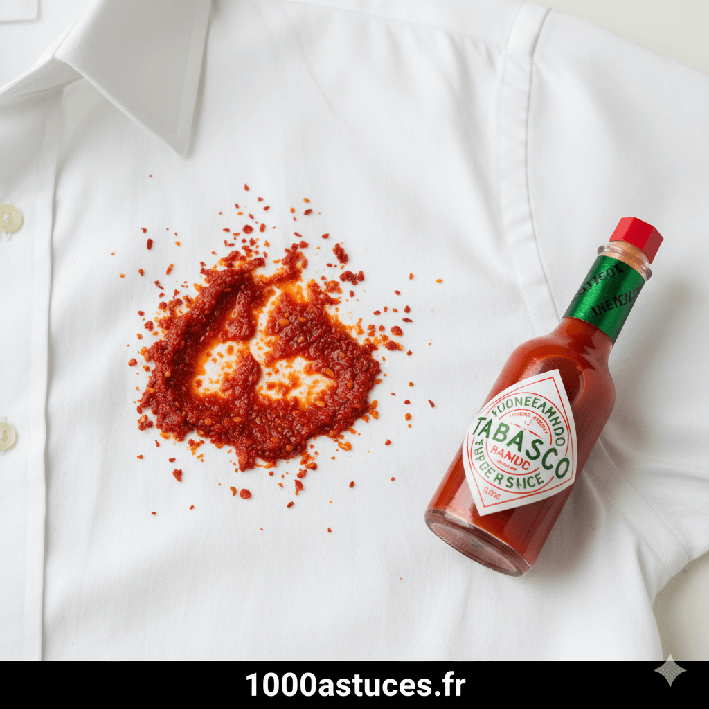 Une tache de harissa sur une chemise blanche . Un flacon de Tabasco à coté.Astuce pour enlever Harissa, piment, Tabasco.1000astuces.fr