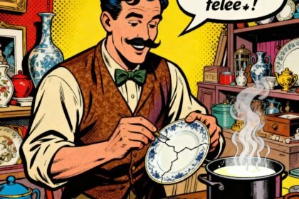 un brocanteur ravi de réparer son assiette félée.astuce pour réparer une assiette félée.1000astuces.fr