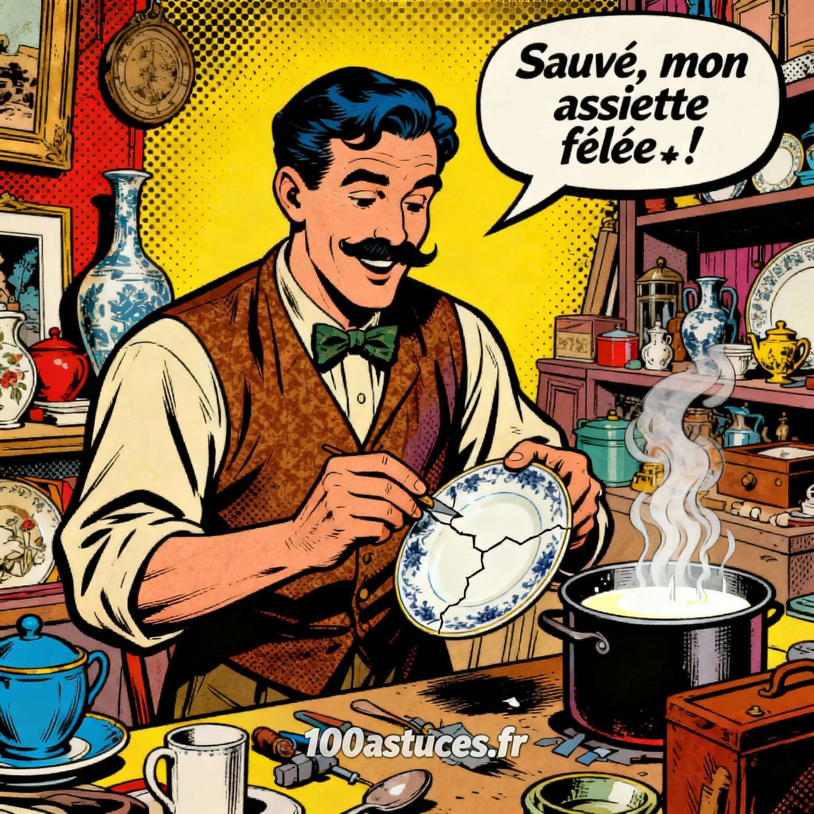 un brocanteur ravi de réparer son assiette félée.astuce pour réparer une assiette félée.1000astuces.fr