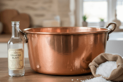 une bassine ancienne en cuivre brillante, avec une bouteille de vinaigre blanc et un sac de gros sel à côté.Astuce nettoyer le cuivre
