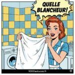 illustration d'une femme ravie de voir son linge blanc. Astuces pour raviver le blanc d'un tetile.1000astuces.fr