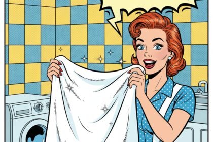 illustration d'une femme ravie de voir son linge blanc. Astuces pour raviver le blanc d'un tetile.1000astuces.fr