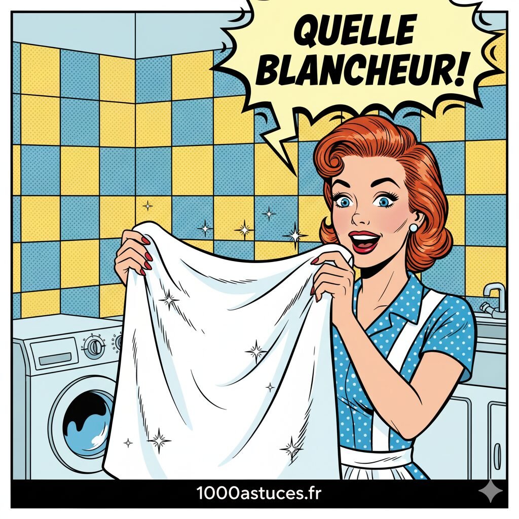 illustration d'une femme ravie de voir son linge blanc. Astuces pour raviver le blanc d'un tetile.1000astuces.fr