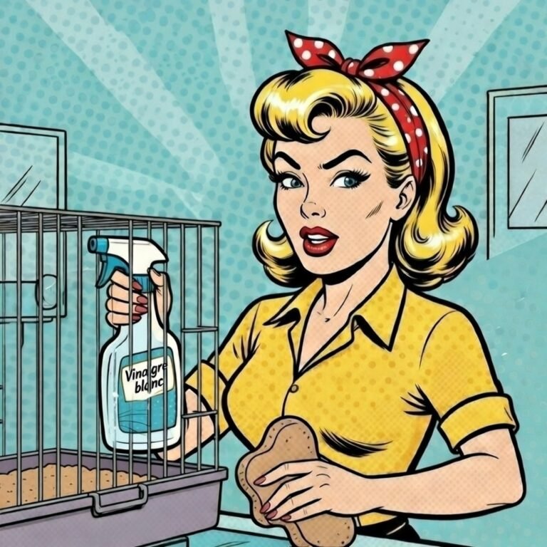 Mina pop nettoie la cage du lapin nain . Illustration pop art