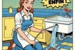 Illustration humoristique d'une femme qui débouche une canalisation. Astuces naturelles pour déboucher une canalisation. 1000astuces.fr