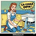 Illustration humoristique d'une femme qui débouche une canalisation. Astuces naturelles pour déboucher une canalisation. 1000astuces.fr
