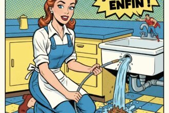 Illustration humoristique d'une femme qui débouche une canalisation. Astuces naturelles pour déboucher une canalisation. 1000astuces.fr