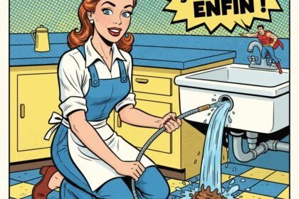 Illustration humoristique d'une femme qui débouche une canalisation. Astuces naturelles pour déboucher une canalisation. 1000astuces.fr