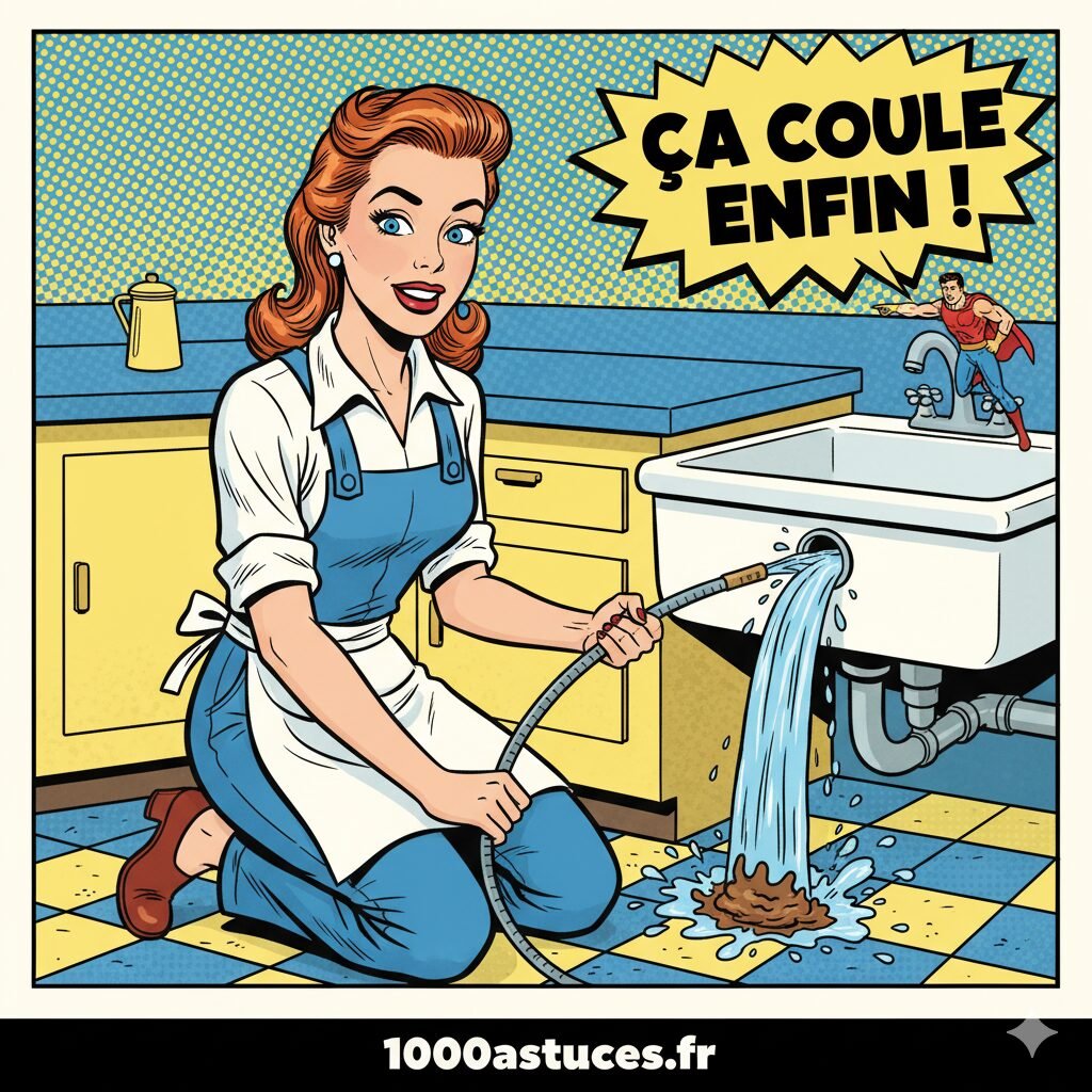Illustration humoristique d'une femme qui débouche une canalisation. Astuces naturelles pour déboucher une canalisation. 1000astuces.fr