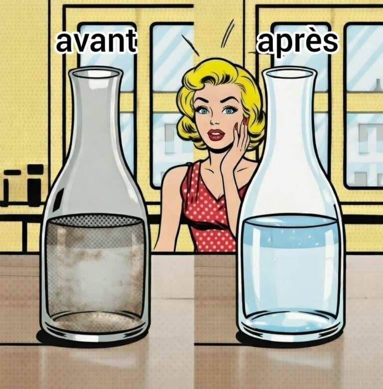 Mina Pop montre un avant/après d'une carafe terne puis transparente