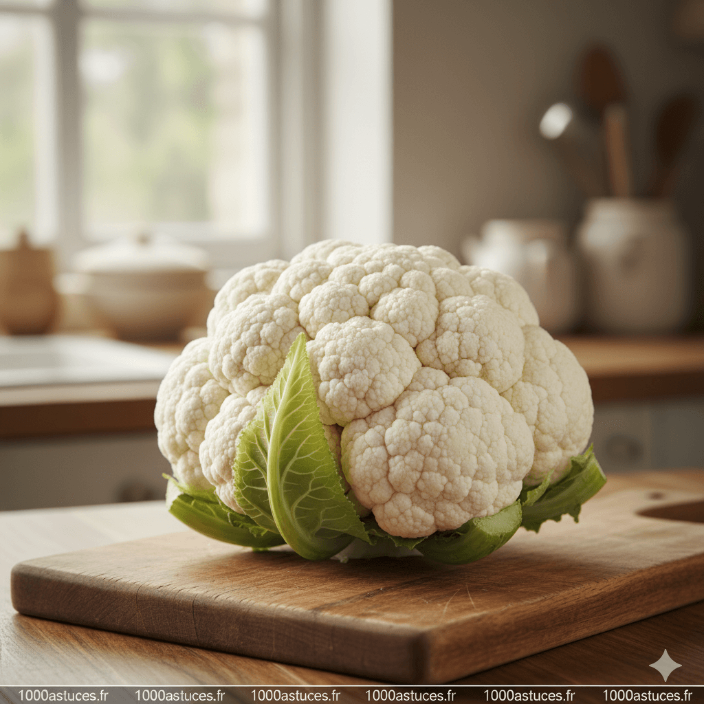 Chou-fleur parfaitement blanc après cuisson grâce à l’astuce du vinaigre ou du citron, recette naturelle pour conserver la blancheur des légumes, éviter le jaunissement, réussir gratin et accompagnement, conseils cuisine 1000astuces.fr.