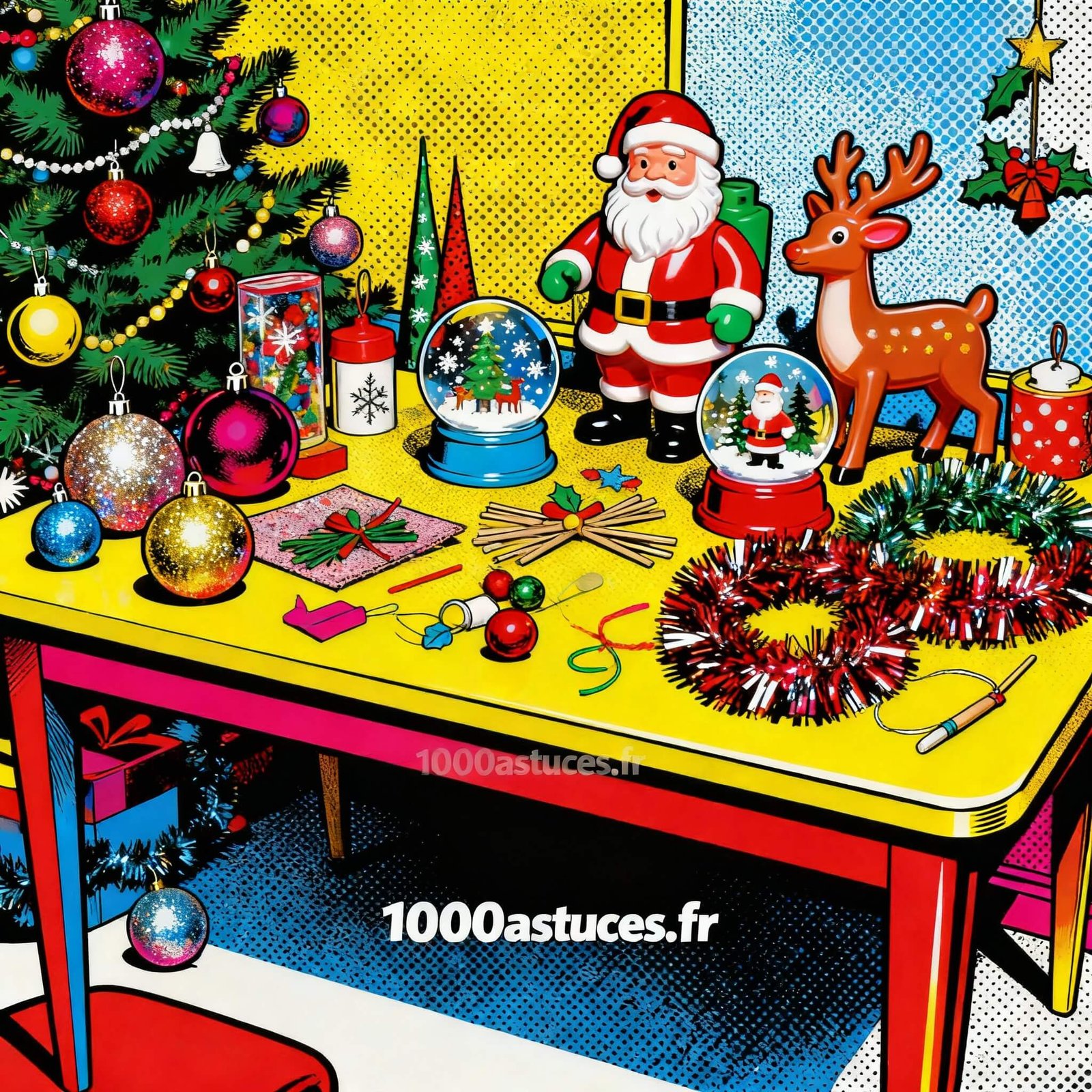 Une table remplie de décorations de Noël . Astuces pour fabriquer des decorations pas cher, DIY.1000astuces.fr