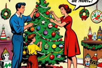 Une famille décorant le marché de Noel . Tendances décorations de Noël. 1000astuces.fr