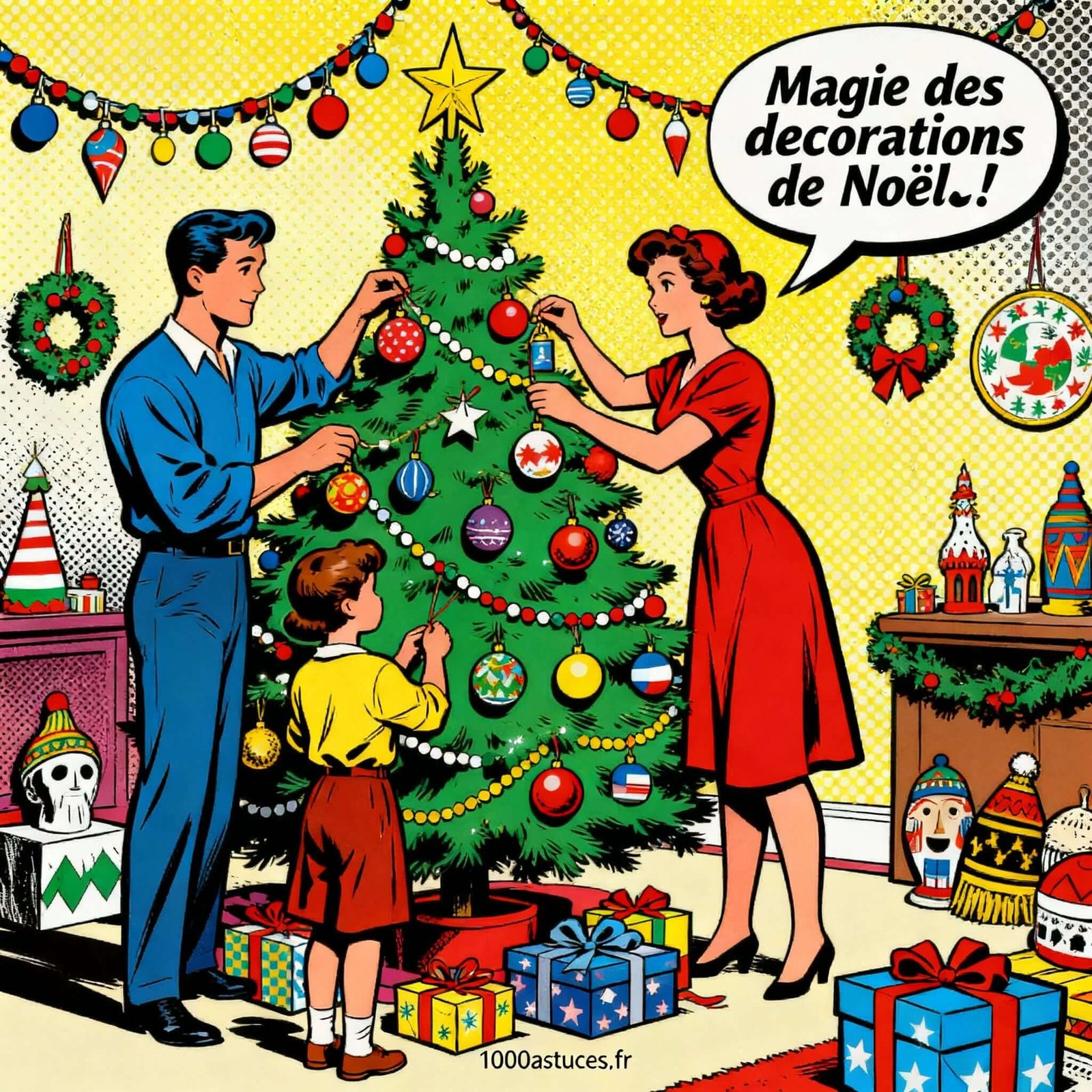 Une famille décorant le marché de Noel . Tendances décorations de Noël. 1000astuces.fr
