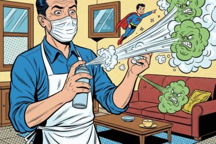 illustration humoristique d'un homme chassant les mauvaises odeurs de la maison . Astuces naturelles pour parfumer la maison . 1000astuces.fr