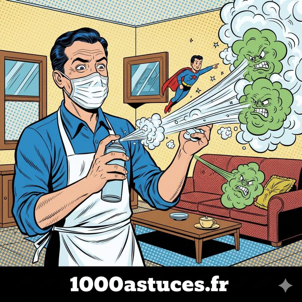 illustration humoristique d'un homme chassant les mauvaises odeurs de la maison . Astuces naturelles pour parfumer la maison . 1000astuces.fr