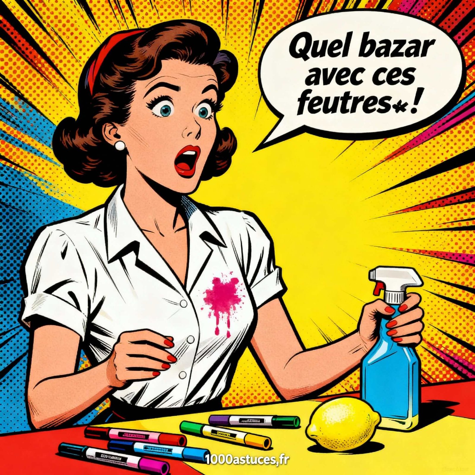 UNe femme se plaint car ella a une tache de feutre sur son chemisier . Astuces pour enlever tache de feutre sur tous textiles ; 1000astuces. fr